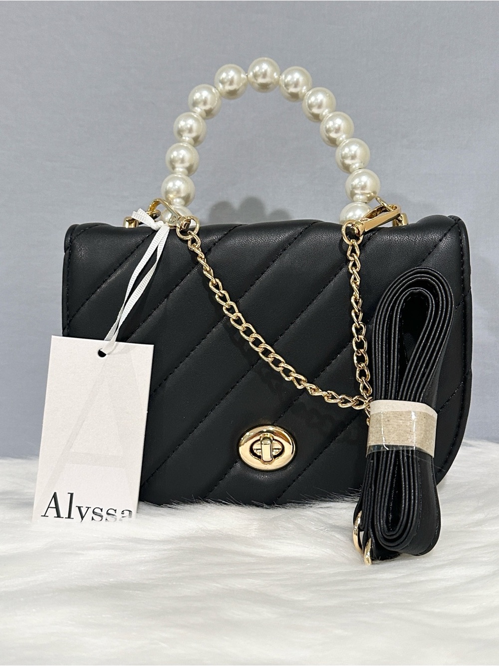 Alyssa Black Quilted Crossbody with Pearl Top Handle NWT’S
